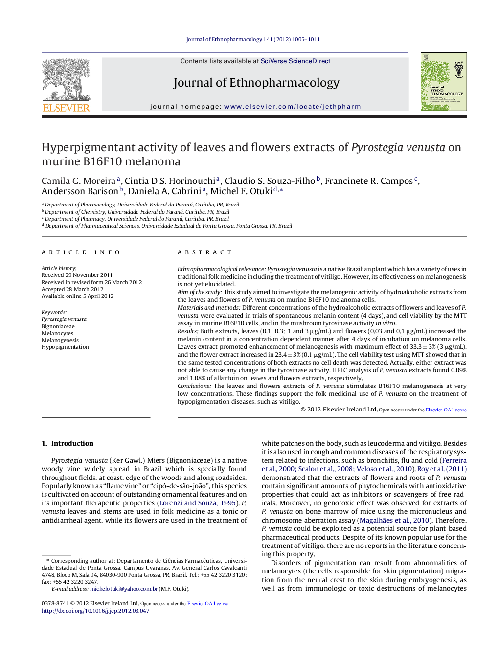 Hyperpigmentant activity of leaves and flowers extracts of Pyrostegia venusta on murine B16F10 melanoma