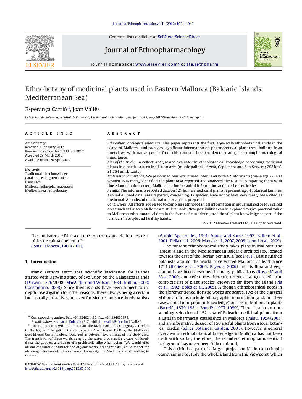 Ethnobotany of medicinal plants used in Eastern Mallorca (Balearic Islands, Mediterranean Sea)