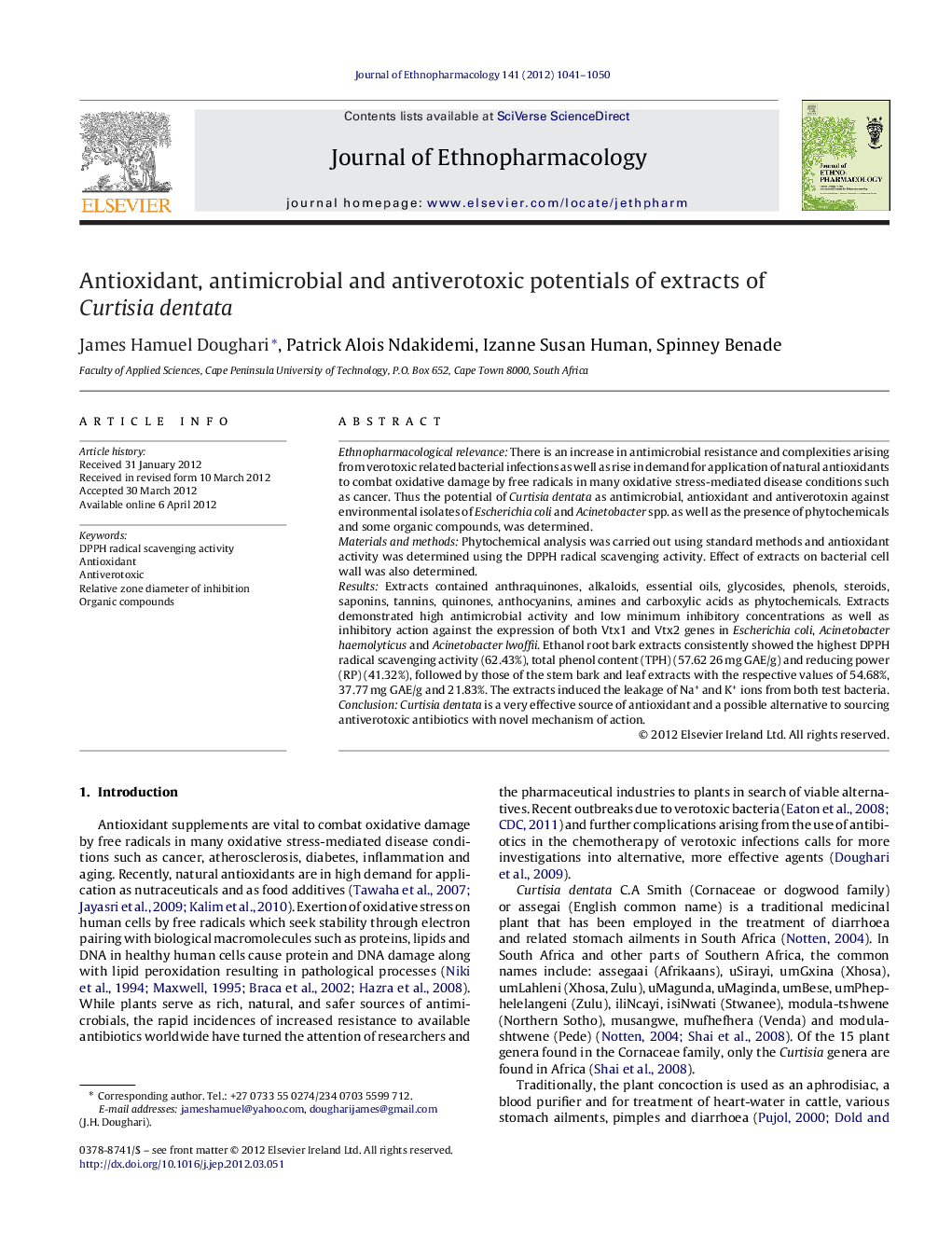 Antioxidant, antimicrobial and antiverotoxic potentials of extracts of Curtisia dentata