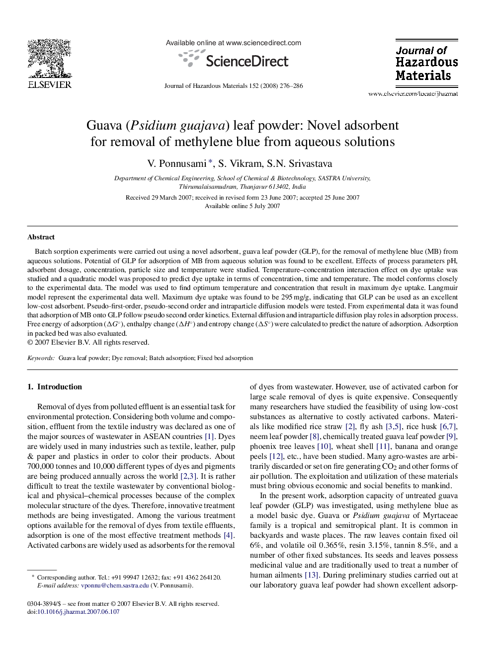 Guava (Psidium guajava) leaf powder: Novel adsorbent for removal of methylene blue from aqueous solutions