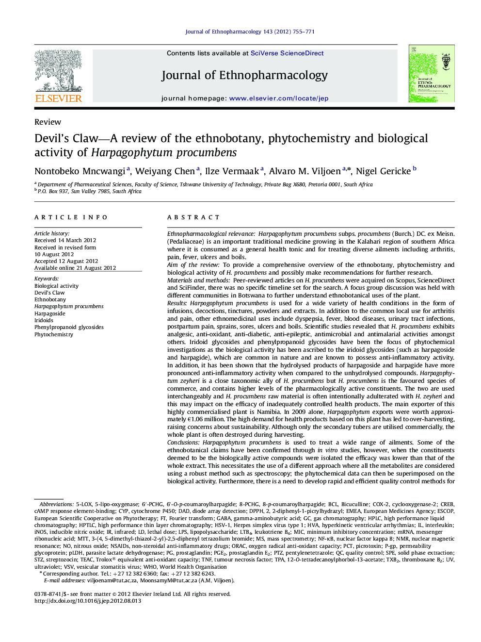 Devil's Claw-A review of the ethnobotany, phytochemistry and biological activity of Harpagophytum procumbens