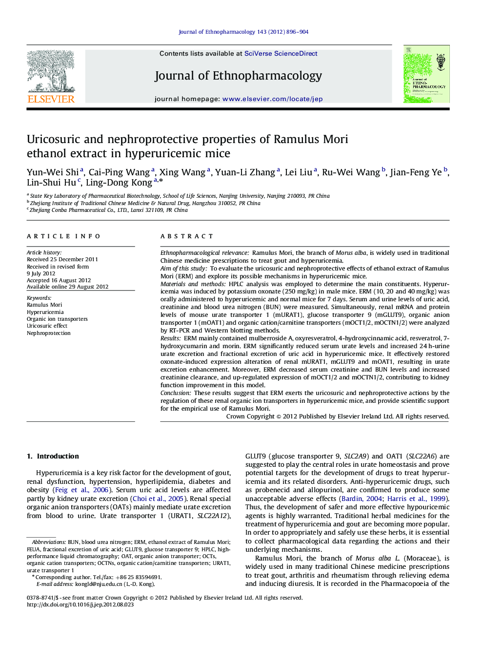 Uricosuric and nephroprotective properties of Ramulus Mori ethanol extract in hyperuricemic mice