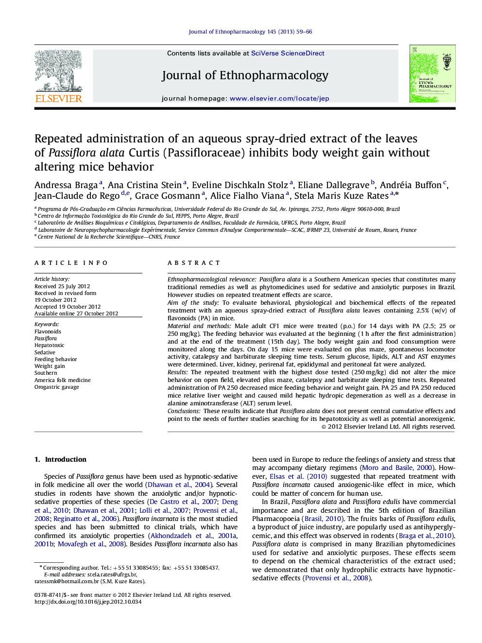 Repeated administration of an aqueous spray-dried extract of the leaves of Passiflora alata Curtis (Passifloraceae) inhibits body weight gain without altering mice behavior