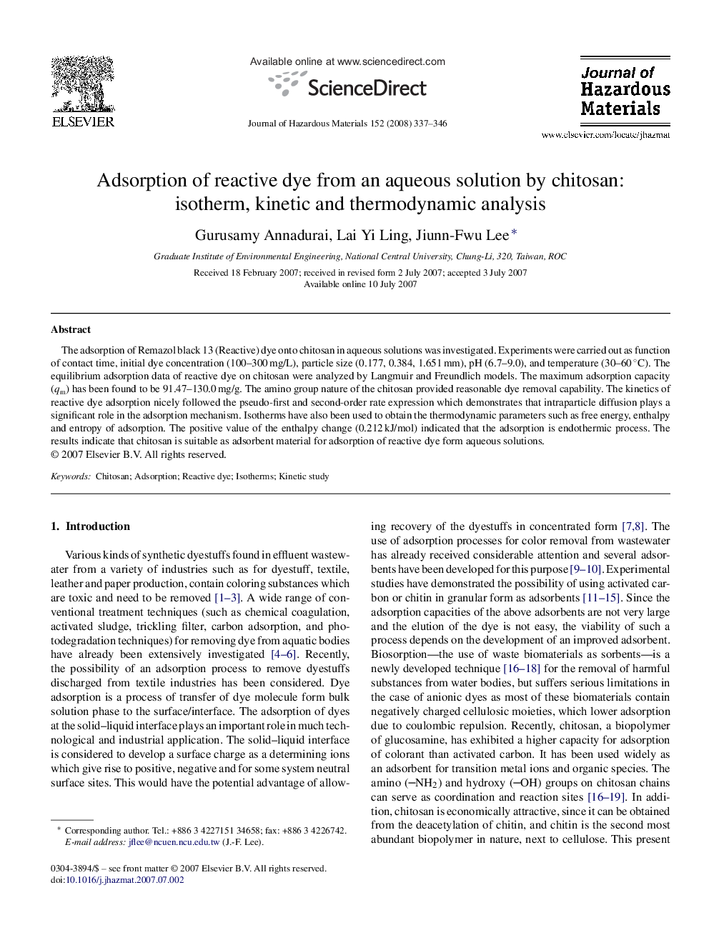 عکس صفحه اول مقاله: Adsorption of reactive dye from an aqueous solution by chitosan: isotherm, kinetic and thermodynamic analysis Adsorption of reactive dye from an aqueous solution by chitosan: isotherm, kinetic and thermodynamic analysis