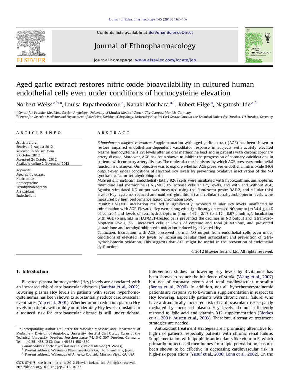 Aged garlic extract restores nitric oxide bioavailability in cultured human endothelial cells even under conditions of homocysteine elevation