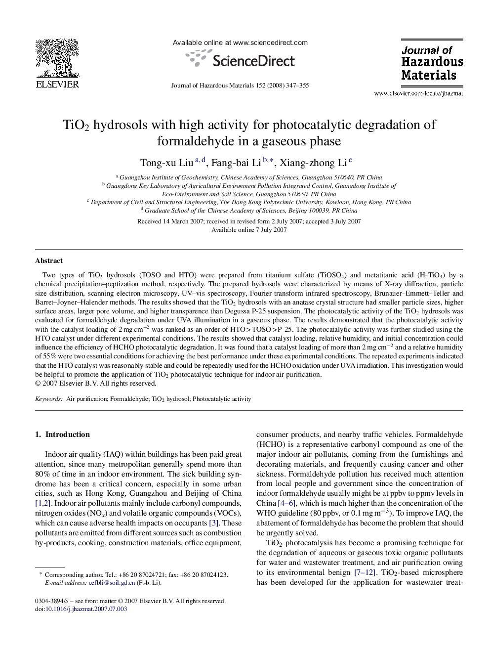 TiO2 hydrosols with high activity for photocatalytic degradation of formaldehyde in a gaseous phase