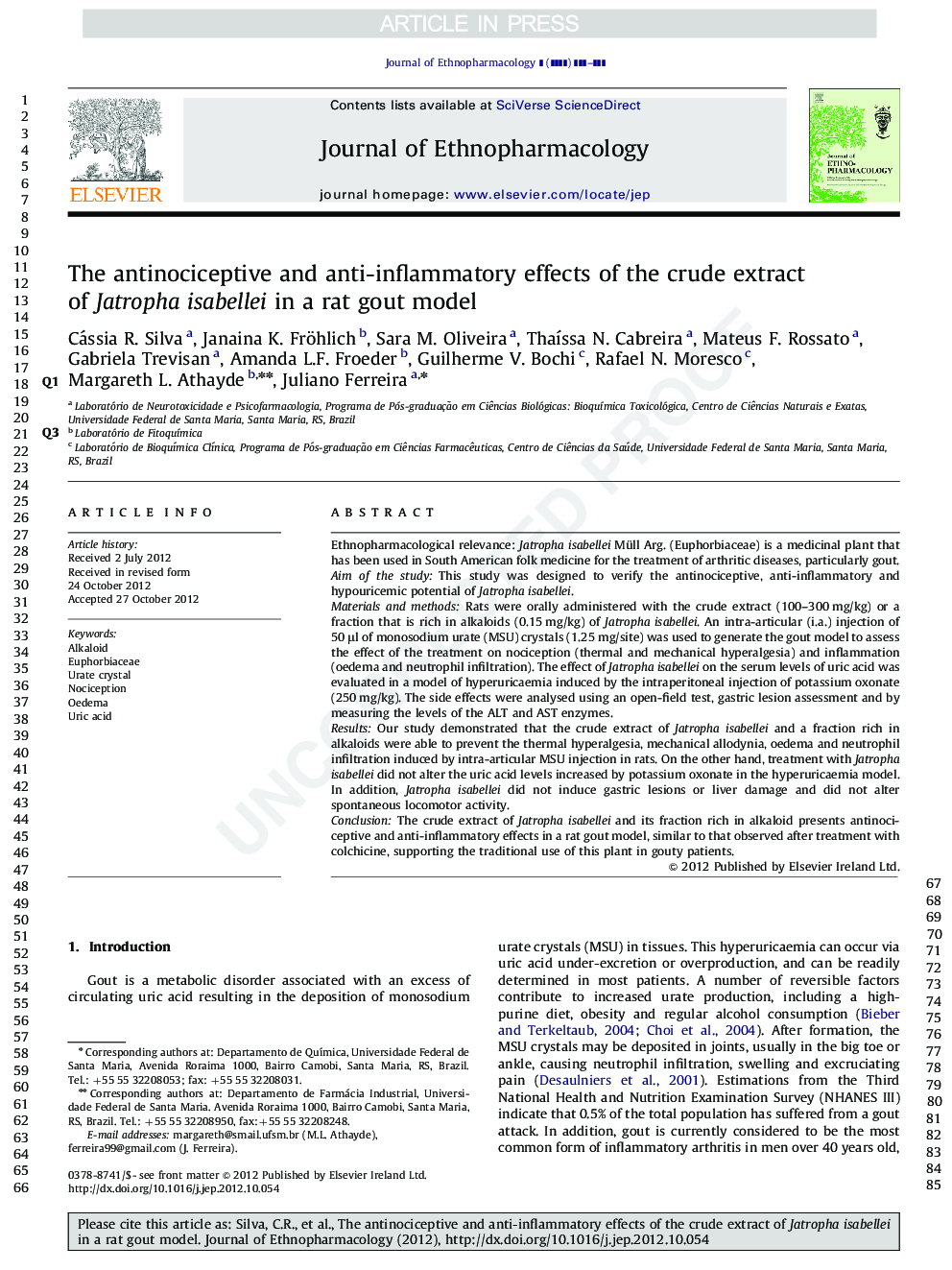 The antinociceptive and anti-inflammatory effects of the crude extract of Jatropha isabellei in a rat gout model