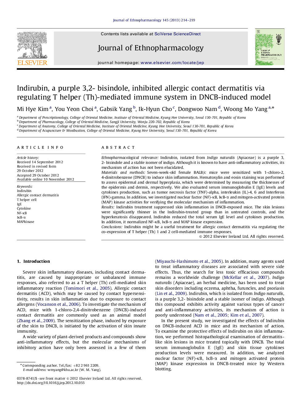 Indirubin, a purple 3,2- bisindole, inhibited allergic contact dermatitis via regulating T helper (Th)-mediated immune system in DNCB-induced model