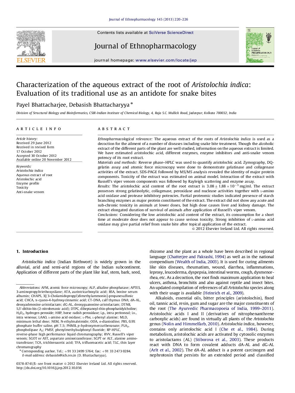 Characterization of the aqueous extract of the root of Aristolochia indica: Evaluation of its traditional use as an antidote for snake bites