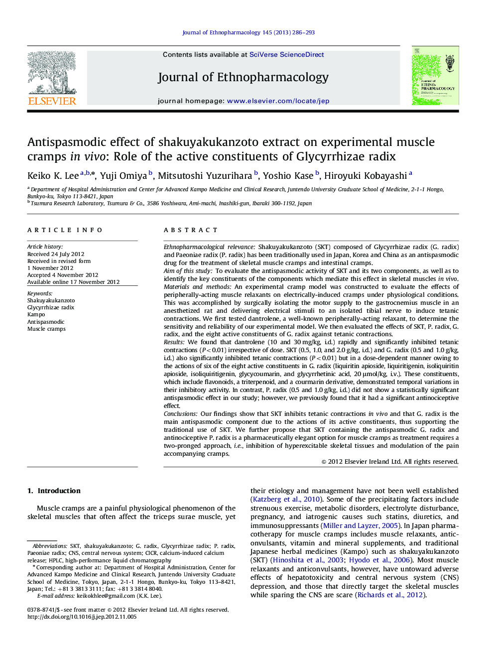 Antispasmodic effect of shakuyakukanzoto extract on experimental muscle cramps in vivo: Role of the active constituents of Glycyrrhizae radix