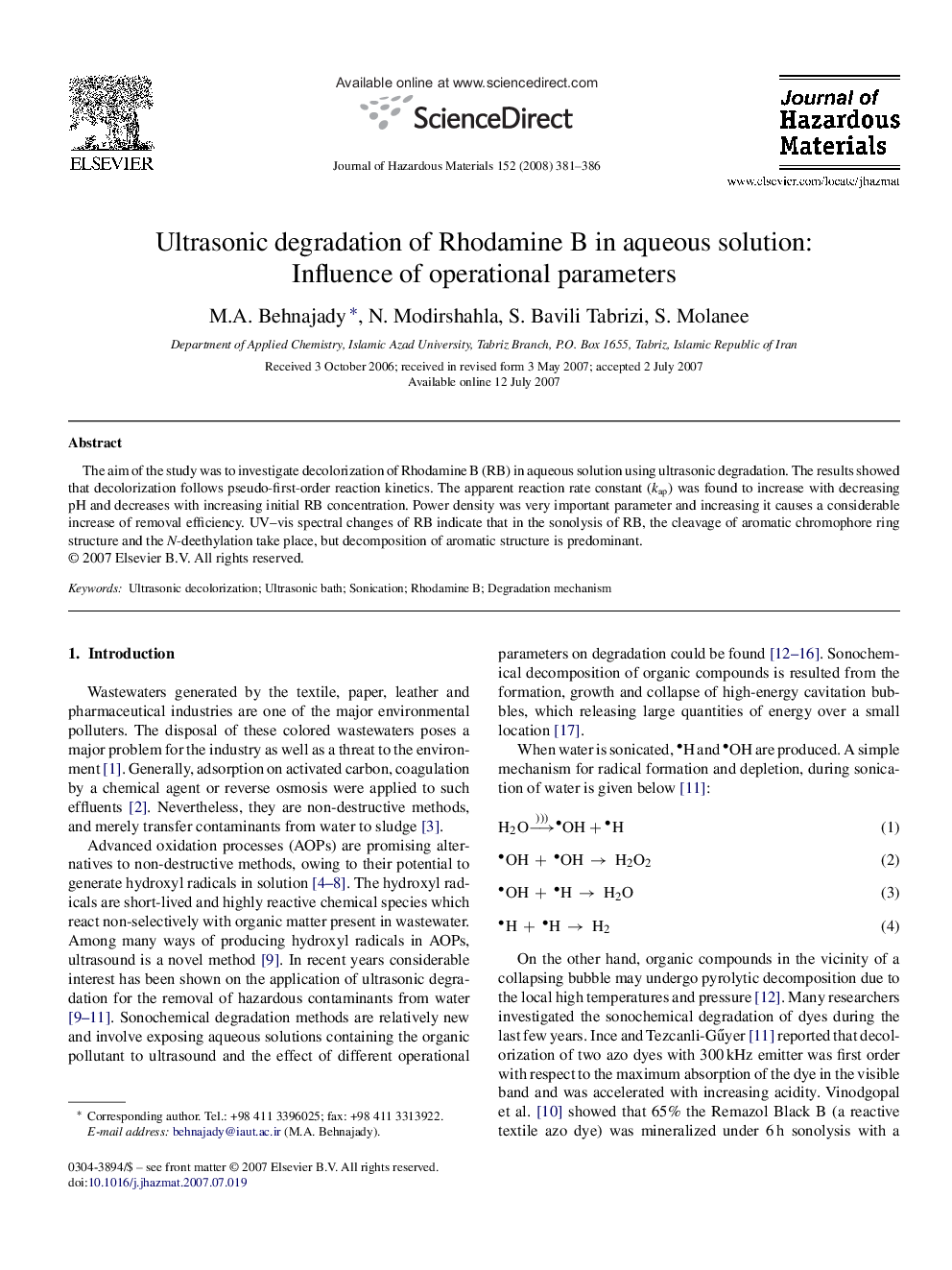 Ultrasonic degradation of Rhodamine B in aqueous solution: Influence of operational parameters