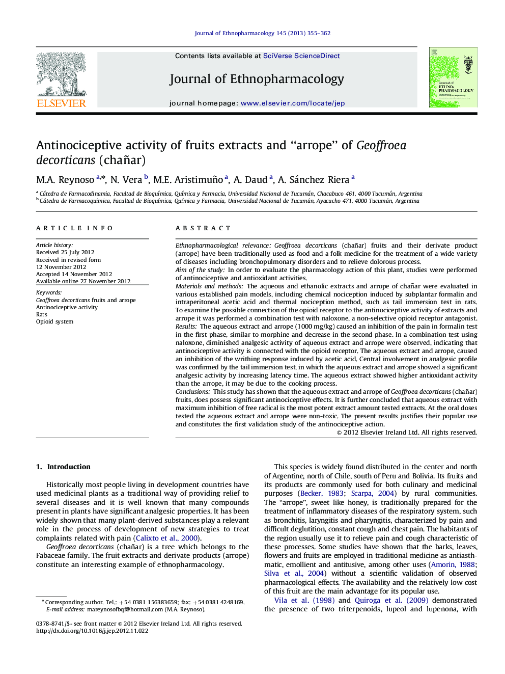 Antinociceptive activity of fruits extracts and “arrope” of Geoffroea decorticans (chañar)