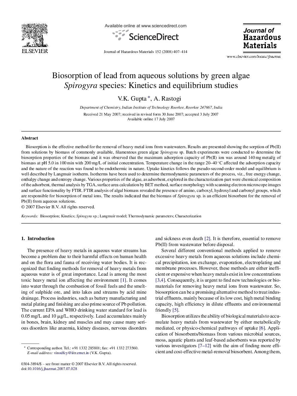عکس صفحه اول مقاله: Biosorption of lead from aqueous solutions by green algae Spirogyra species: Kinetics and equilibrium studies Biosorption of lead from aqueous solutions by green algae Spirogyra species: Kinetics and equilibrium studies