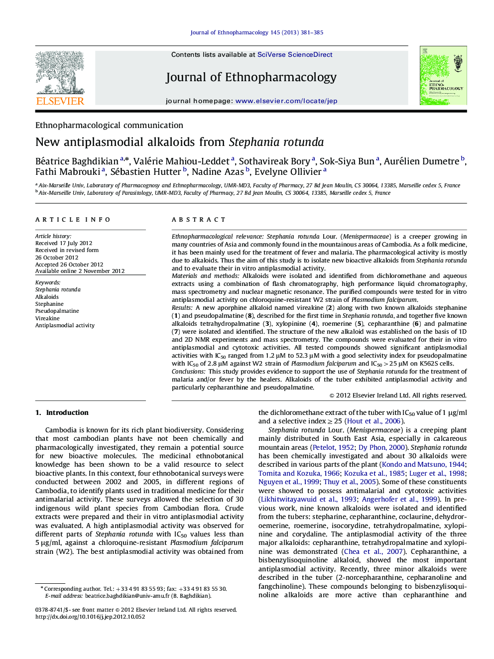 New antiplasmodial alkaloids from Stephania rotunda