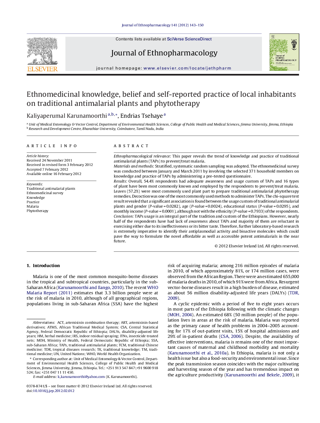 Ethnomedicinal knowledge, belief and self-reported practice of local inhabitants on traditional antimalarial plants and phytotherapy