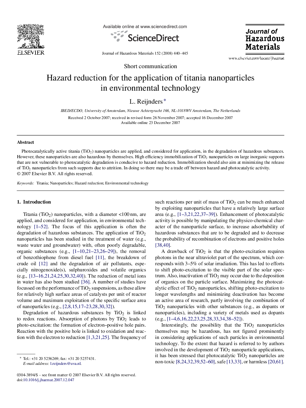 Hazard reduction for the application of titania nanoparticles in environmental technology