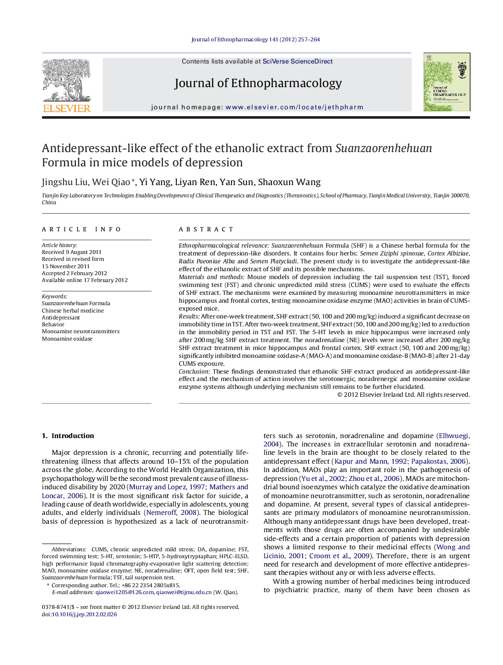 Antidepressant-like effect of the ethanolic extract from Suanzaorenhehuan Formula in mice models of depression