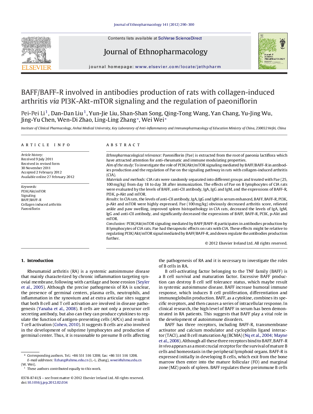 BAFF/BAFF-R involved in antibodies production of rats with collagen-induced arthritis via PI3K-Akt-mTOR signaling and the regulation of paeoniflorin