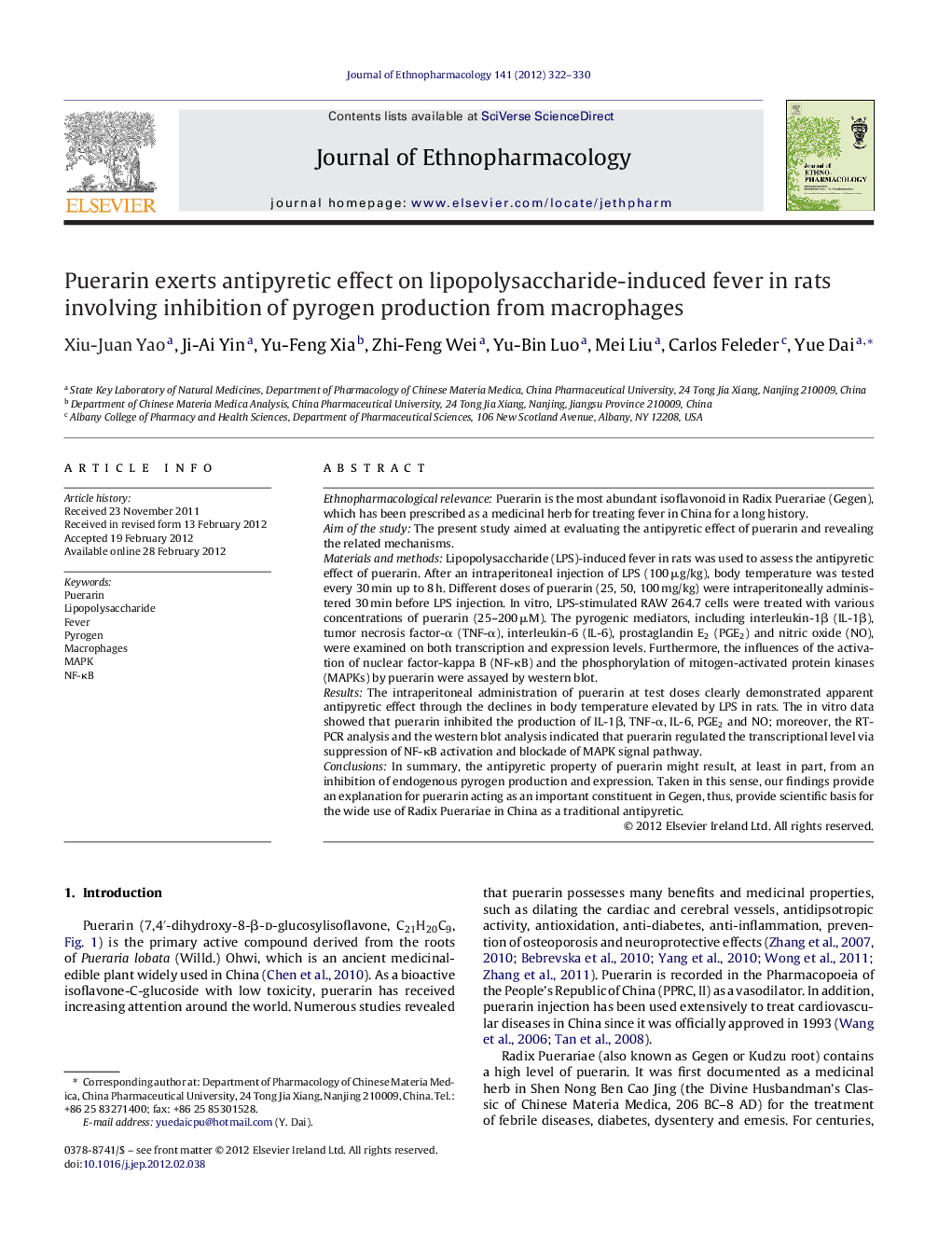 عکس صفحه اول مقاله: Puerarin exerts antipyretic effect on lipopolysaccharide-induced fever in rats involving inhibition of pyrogen production from macrophages Puerarin exerts antipyretic effect on lipopolysaccharide-induced fever in rats involving inhibition of pyrogen production from macrophages