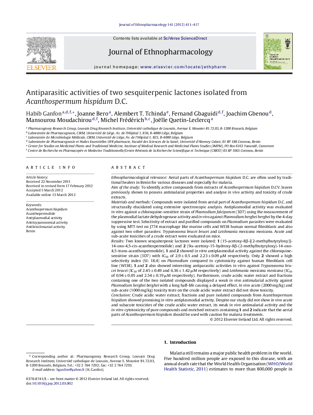 Antiparasitic activities of two sesquiterpenic lactones isolated from Acanthospermum hispidum D.C.
