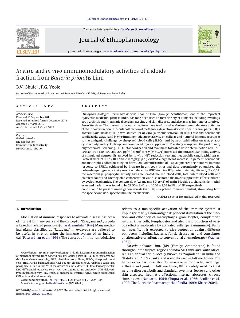 In vitro and in vivo immunomodulatory activities of iridoids fraction from Barleria prionitis Linn