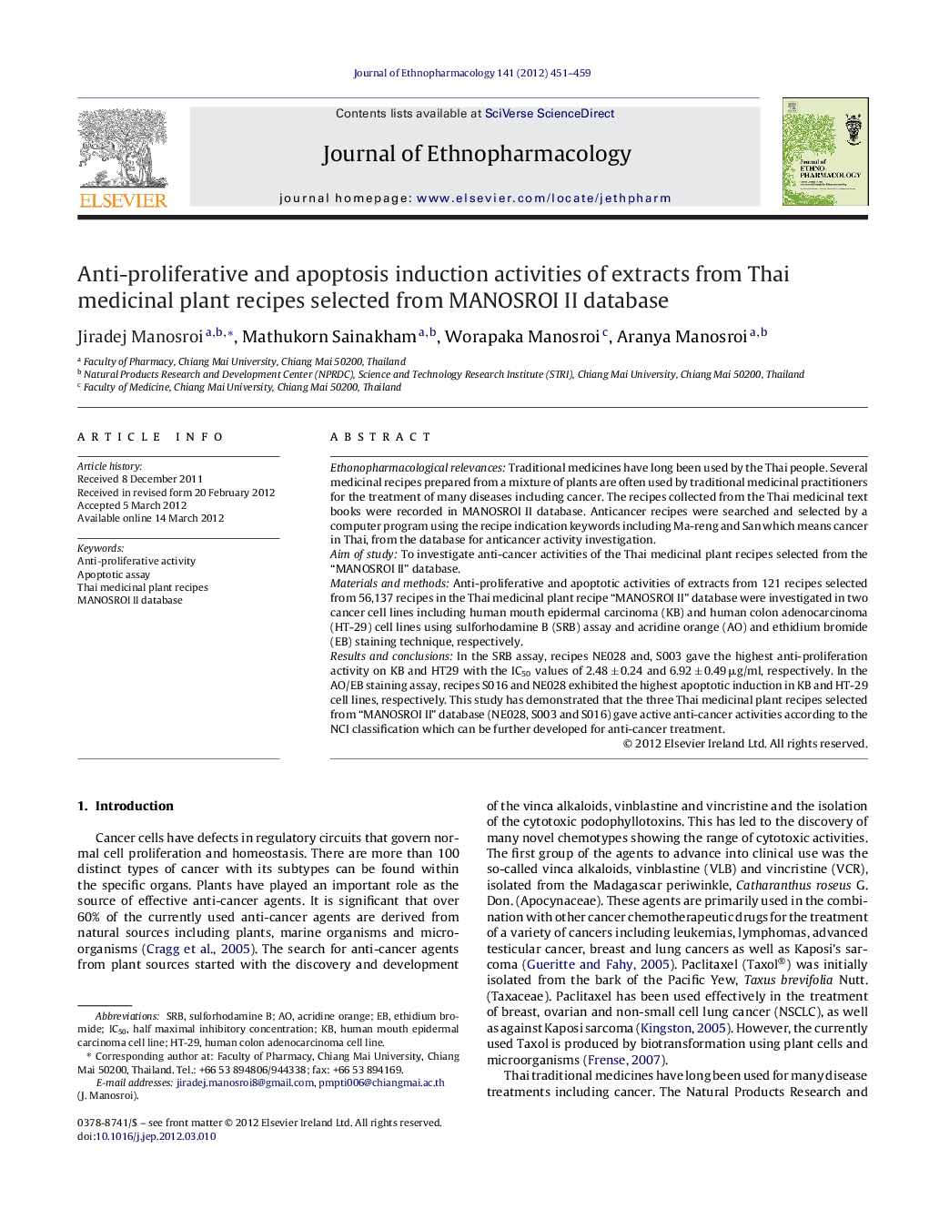 Anti-proliferative and apoptosis induction activities of extracts from Thai medicinal plant recipes selected from MANOSROI II database