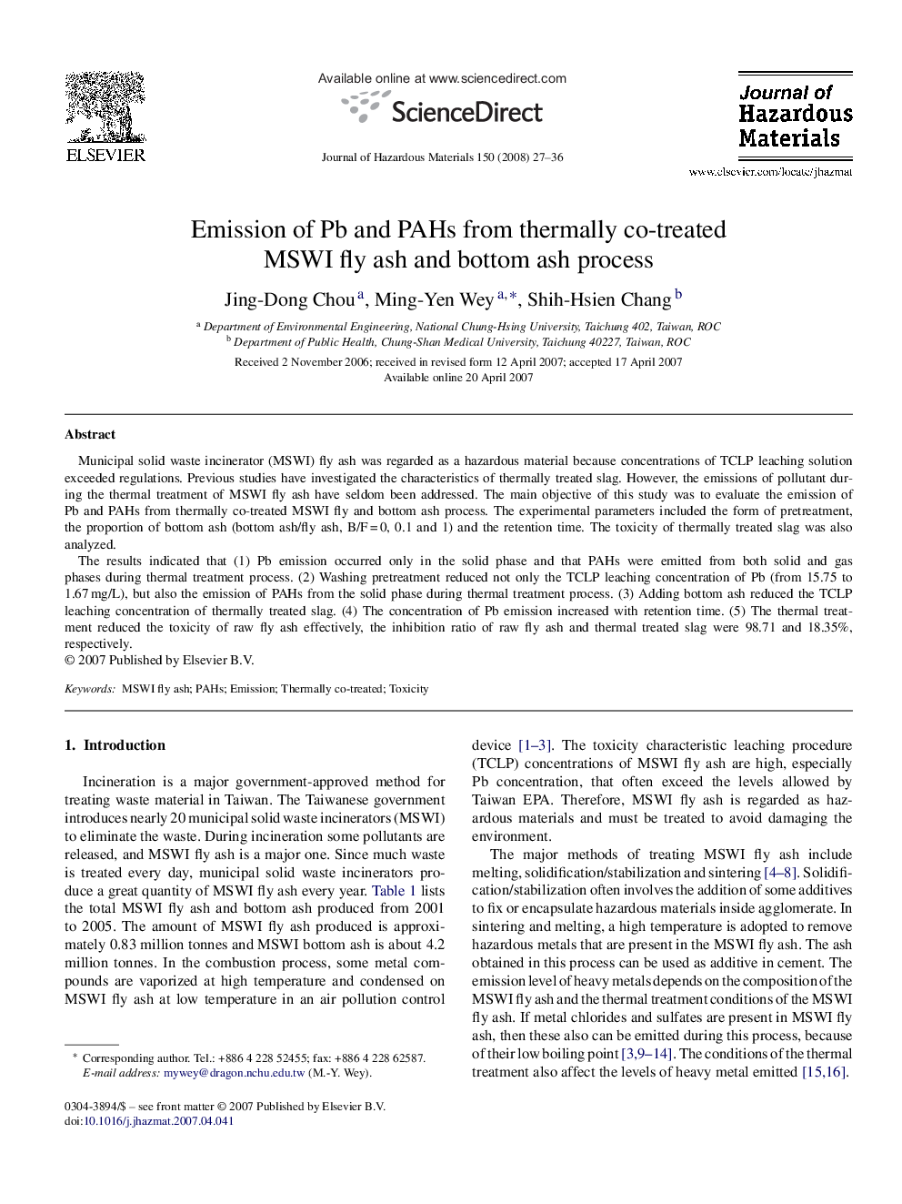 Emission of Pb and PAHs from thermally co-treated MSWI fly ash and bottom ash process