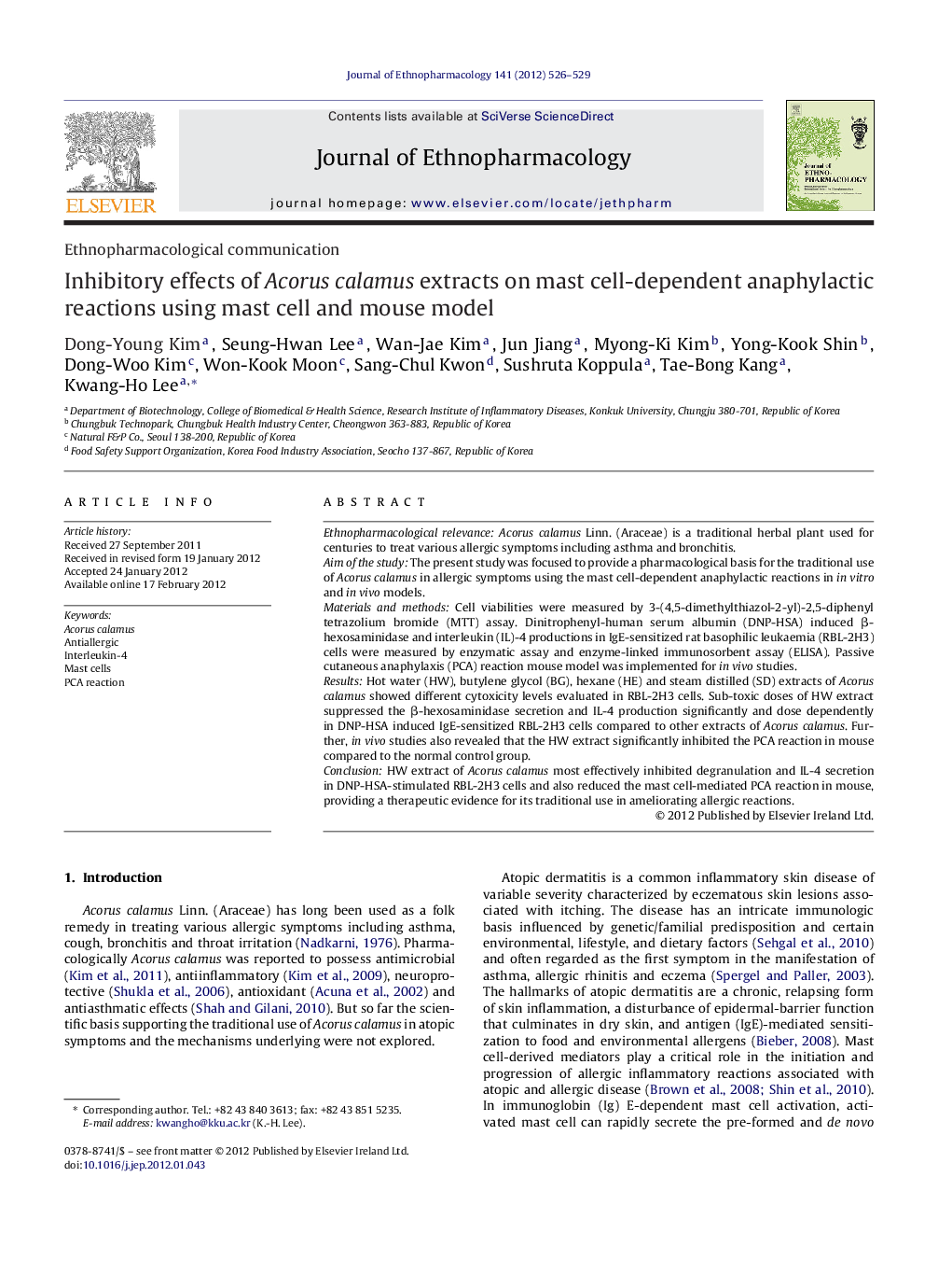 Ethnopharmacological communicationInhibitory effects of Acorus calamus extracts on mast cell-dependent anaphylactic reactions using mast cell and mouse model