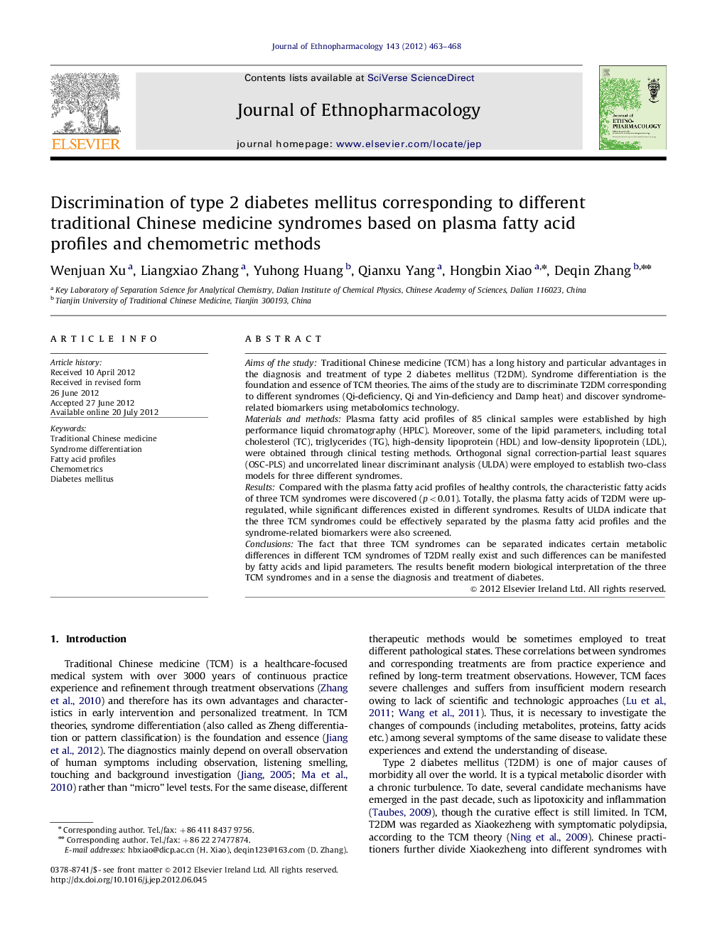 Discrimination of type 2 diabetes mellitus corresponding to different traditional Chinese medicine syndromes based on plasma fatty acid profiles and chemometric methods