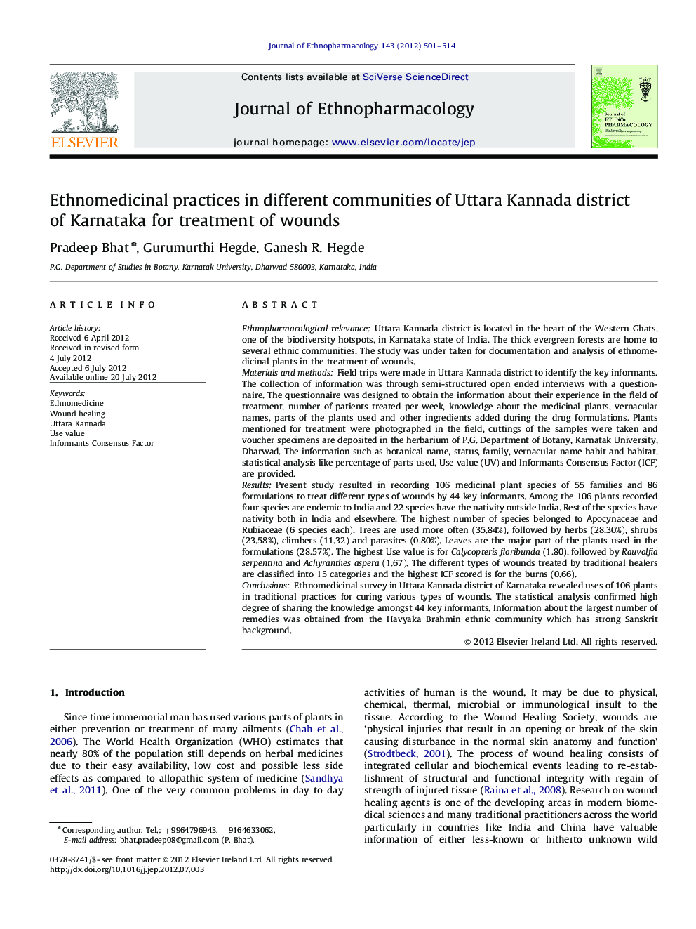 Ethnomedicinal practices in different communities of Uttara Kannada district of Karnataka for treatment of wounds