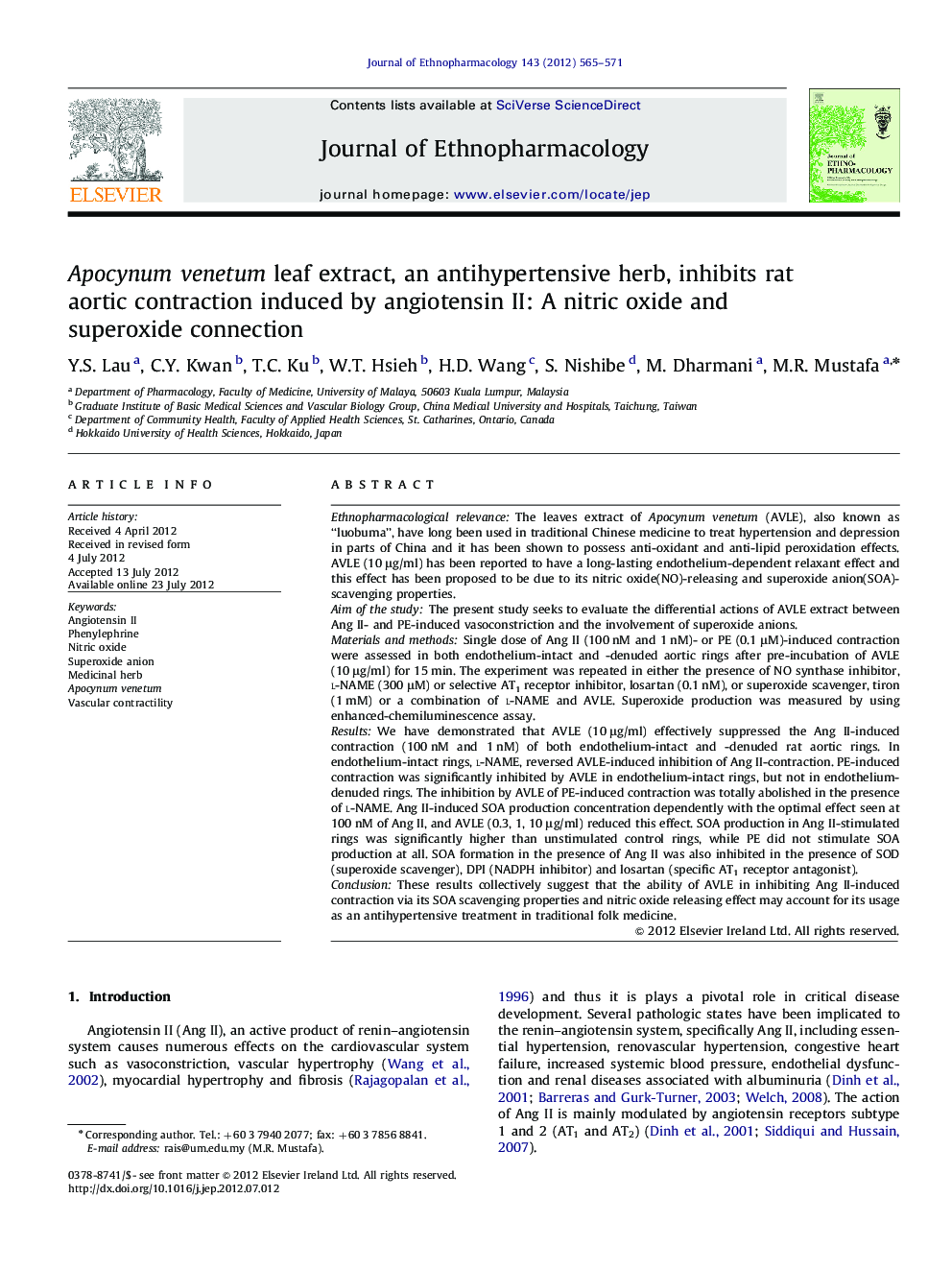 Apocynum venetum leaf extract, an antihypertensive herb, inhibits rat aortic contraction induced by angiotensin II: A nitric oxide and superoxide connection