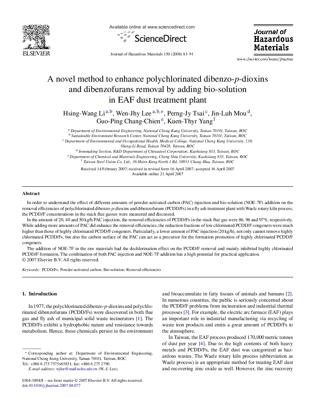 A novel method to enhance polychlorinated dibenzo-p-dioxins and dibenzofurans removal by adding bio-solution in EAF dust treatment plant