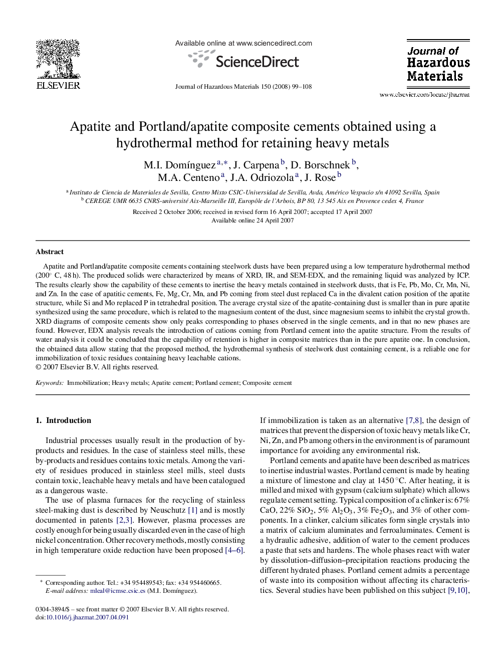 Apatite and Portland/apatite composite cements obtained using a hydrothermal method for retaining heavy metals