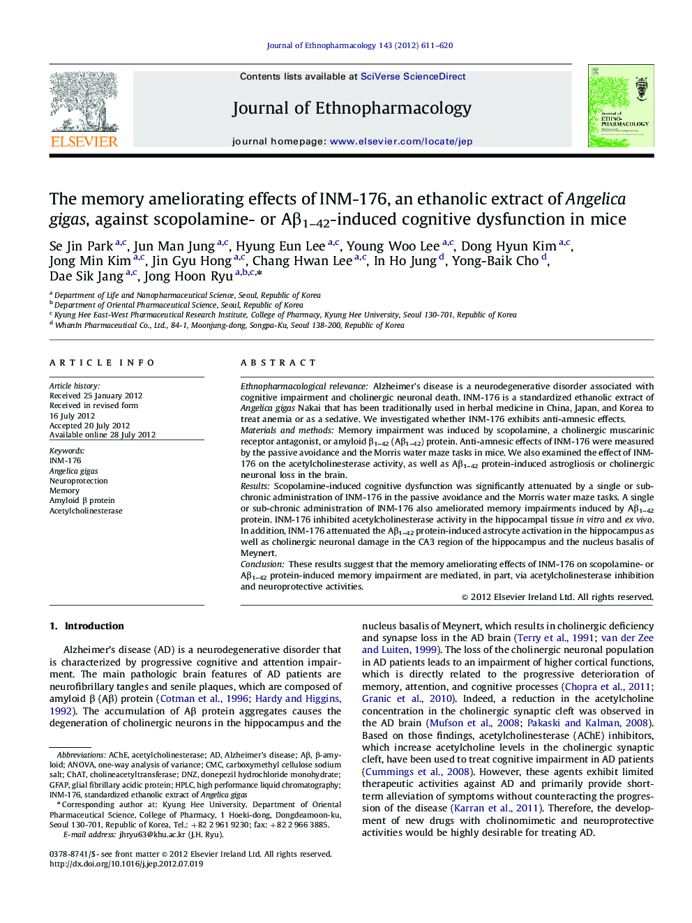 The memory ameliorating effects of INM-176, an ethanolic extract of Angelica gigas, against scopolamine- or AÎ²1-42-induced cognitive dysfunction in mice