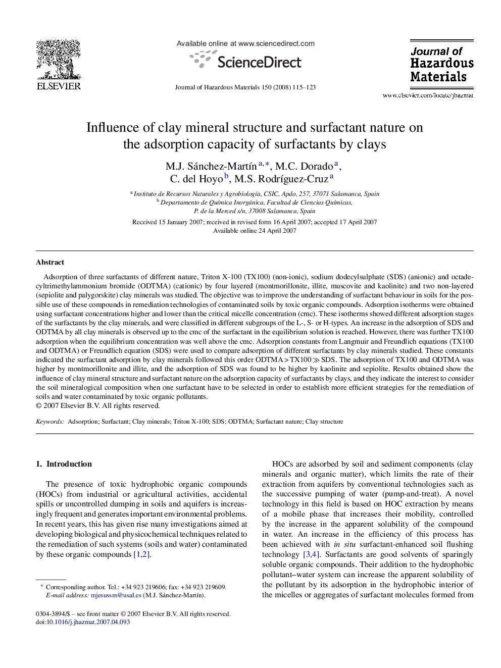 عکس صفحه اول مقاله: Influence of clay mineral structure and surfactant nature on the adsorption capacity of surfactants by clays Influence of clay mineral structure and surfactant nature on the adsorption capacity of surfactants by clays