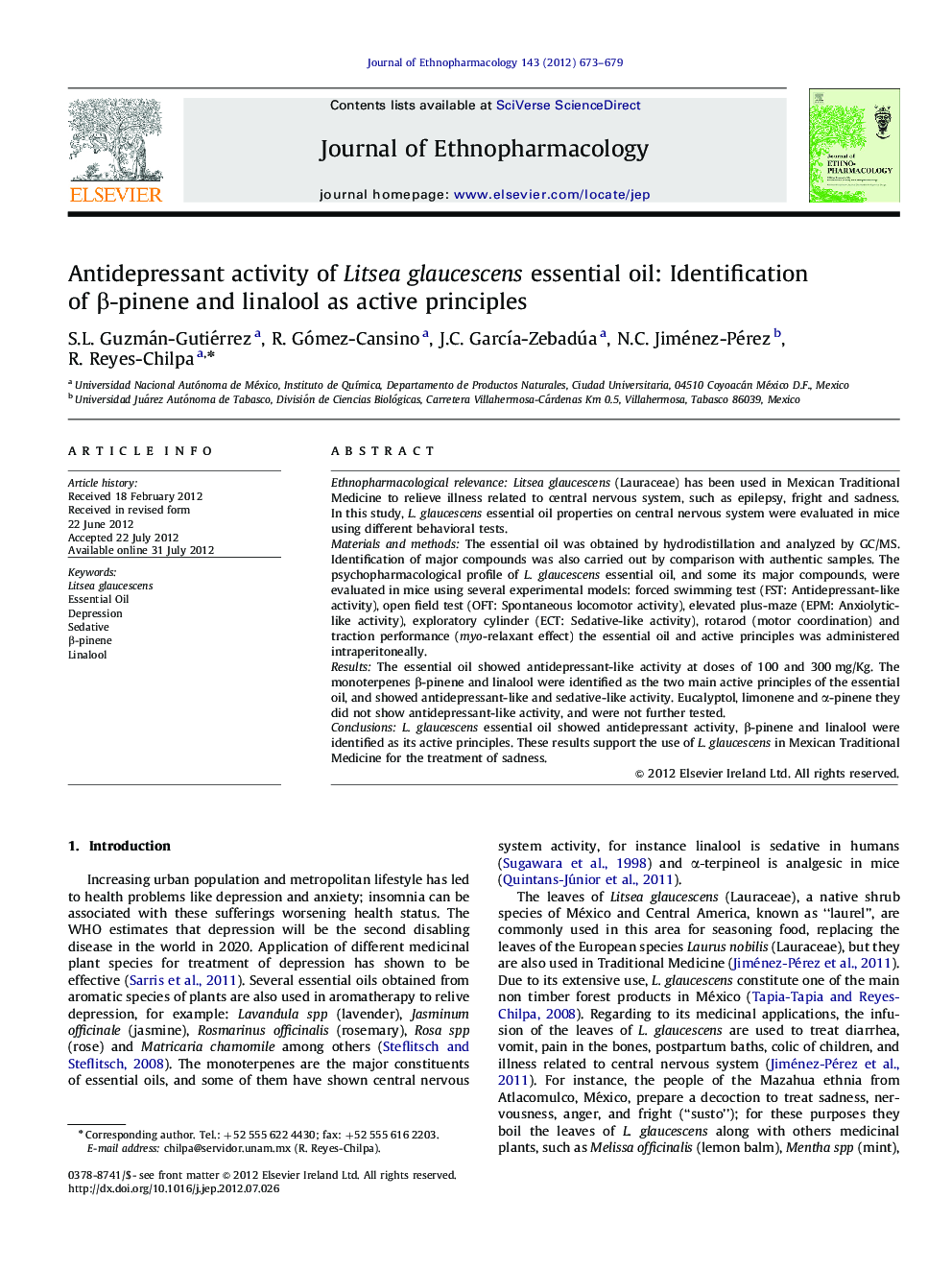 Antidepressant activity of Litsea glaucescens essential oil: Identification of Î²-pinene and linalool as active principles