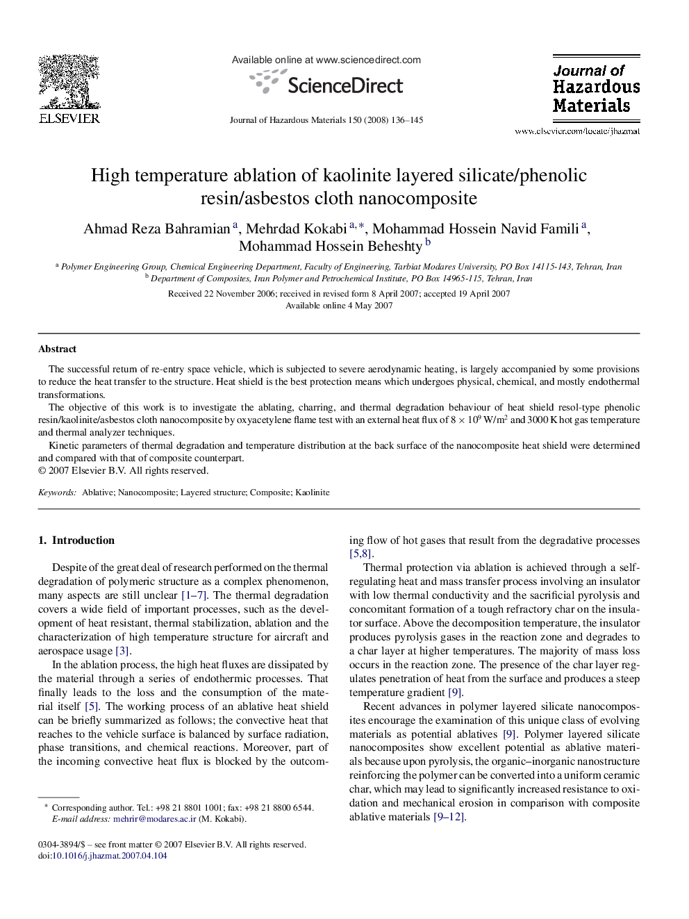 High temperature ablation of kaolinite layered silicate/phenolic resin/asbestos cloth nanocomposite