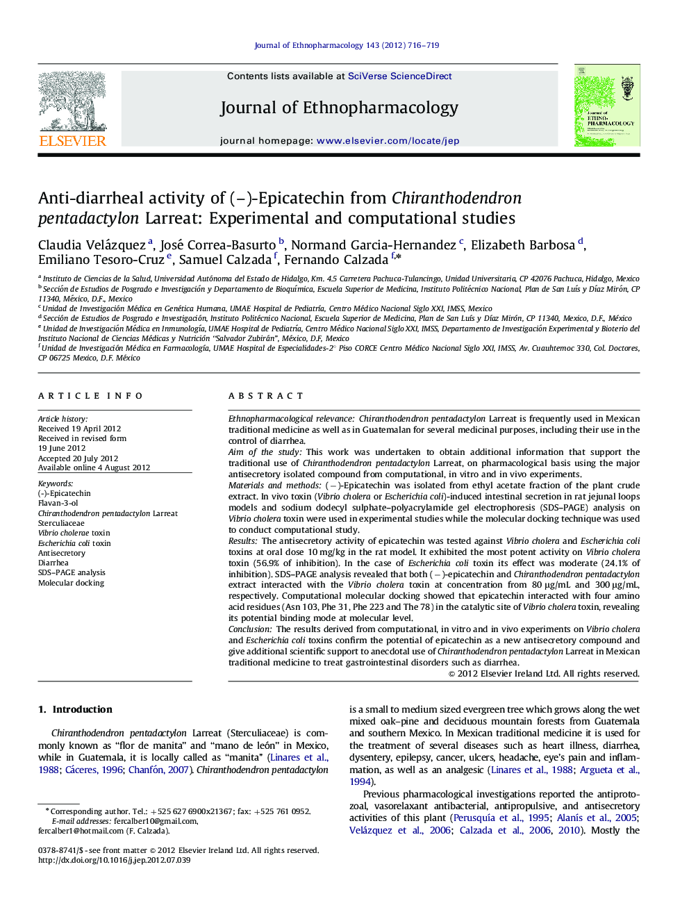 Anti-diarrheal activity of (-)-Epicatechin from Chiranthodendron pentadactylon Larreat: Experimental and computational studies