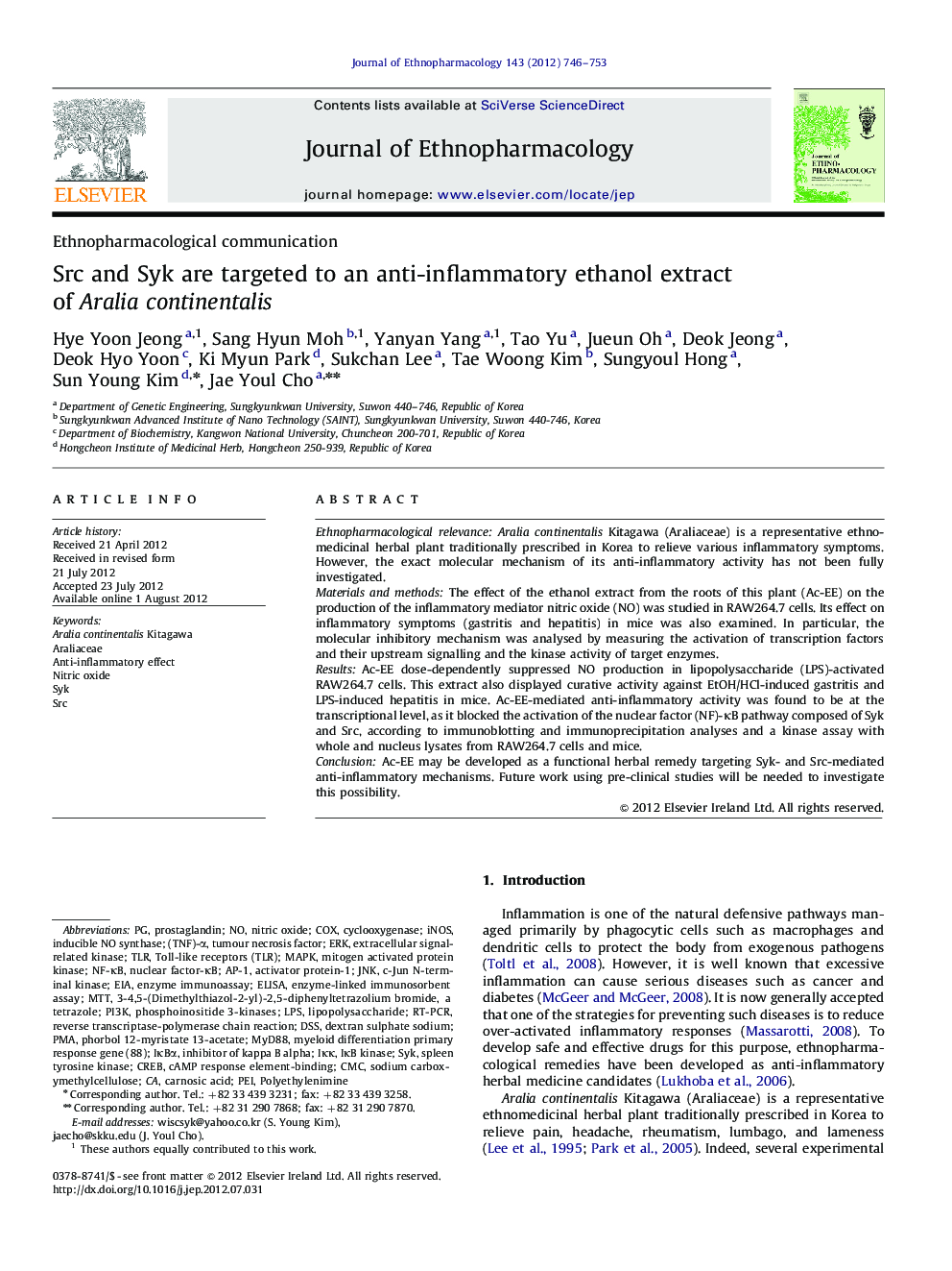 Src and Syk are targeted to an anti-inflammatory ethanol extract of Aralia continentalis