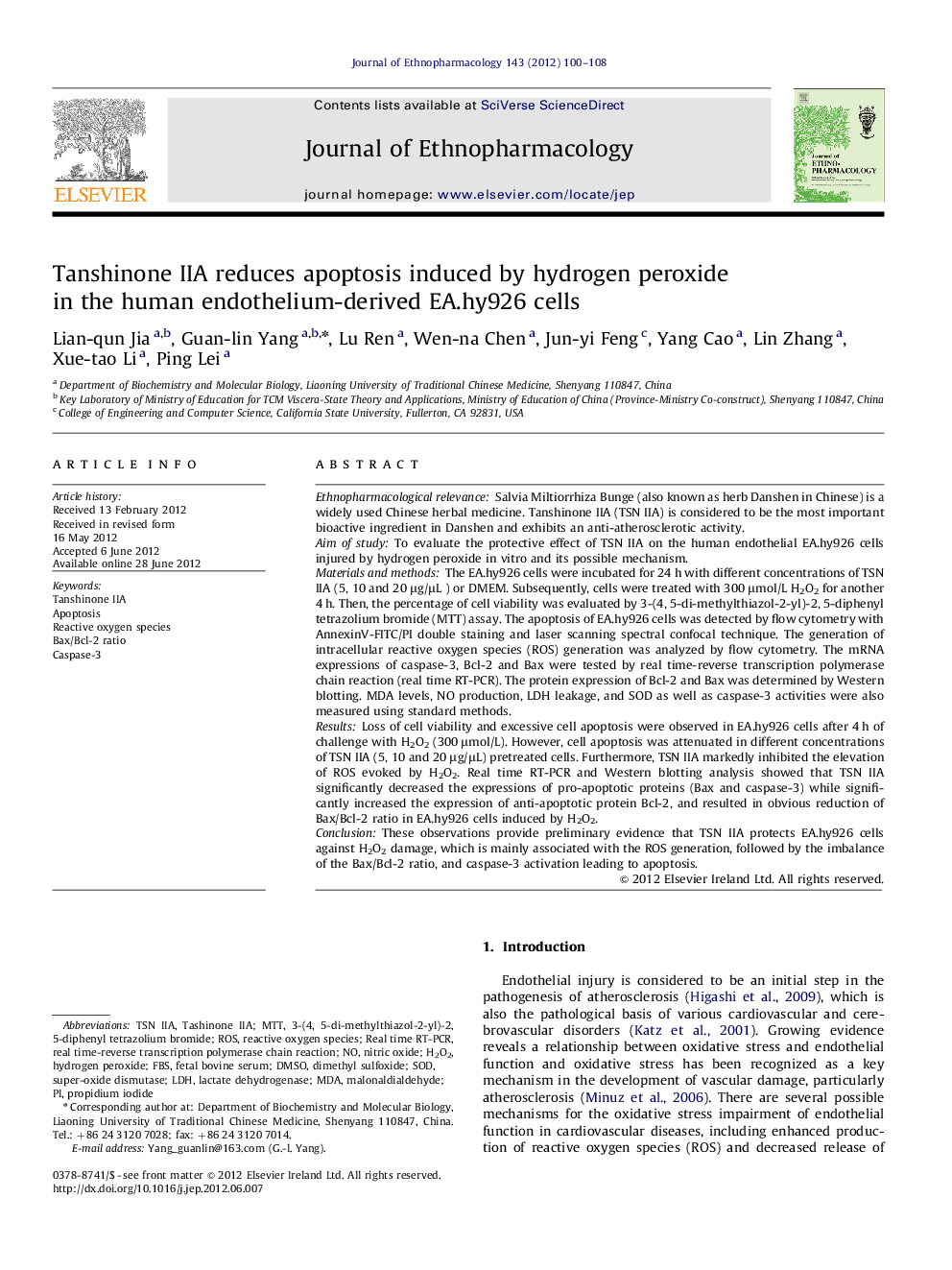 Tanshinone IIA reduces apoptosis induced by hydrogen peroxide in the human endothelium-derived EA.hy926 cells