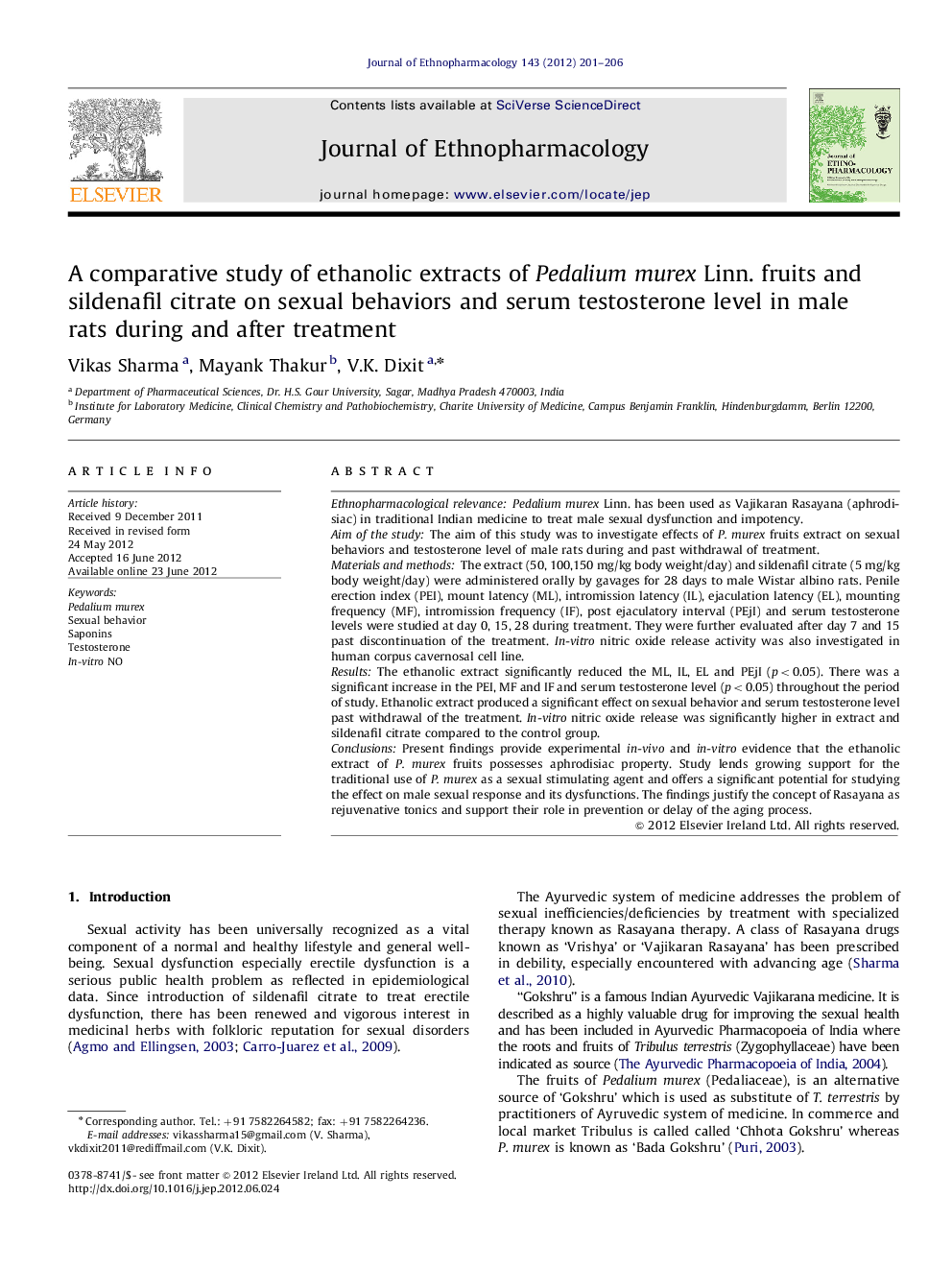 A comparative study of ethanolic extracts of Pedalium murex Linn. fruits and sildenafil citrate on sexual behaviors and serum testosterone level in male rats during and after treatment