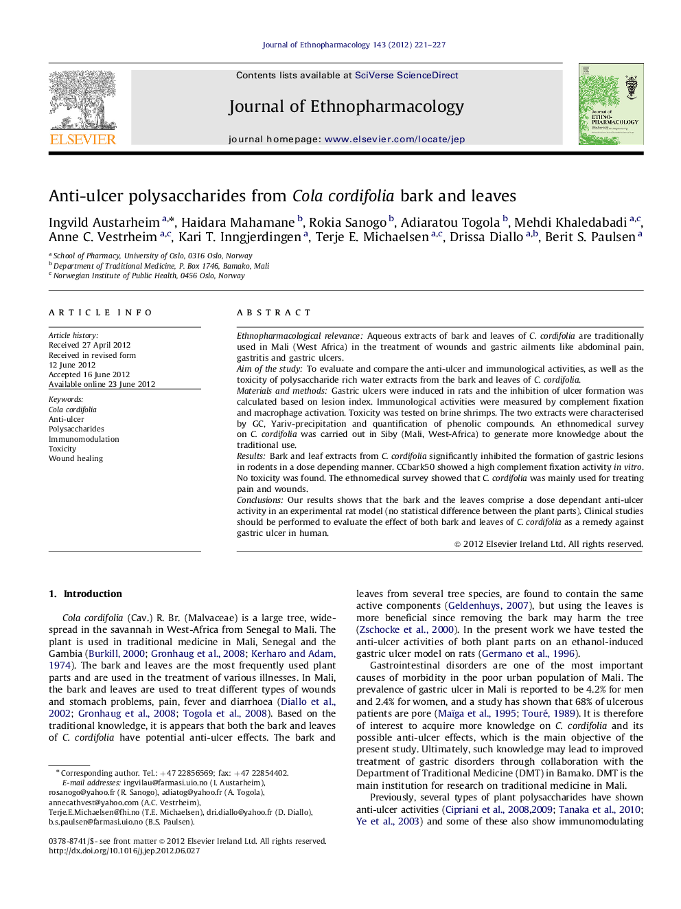 Anti-ulcer polysaccharides from Cola cordifolia bark and leaves