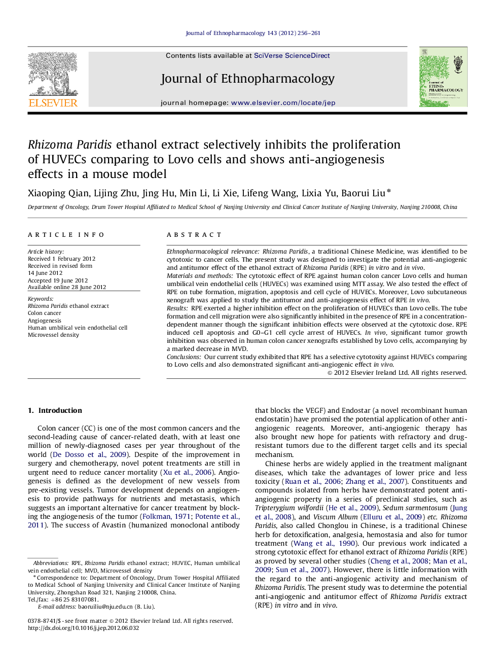 Rhizoma Paridis ethanol extract selectively inhibits the proliferation of HUVECs comparing to Lovo cells and shows anti-angiogenesis effects in a mouse model