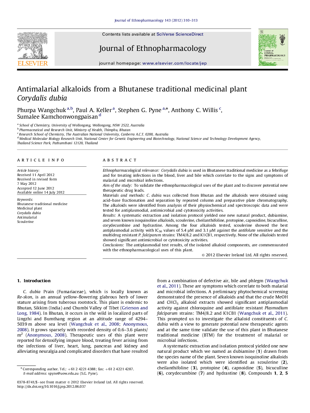 Antimalarial alkaloids from a Bhutanese traditional medicinal plant Corydalis dubia