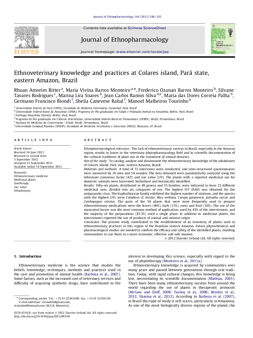 Ethnoveterinary knowledge and practices at Colares island, Pará state, eastern Amazon, Brazil