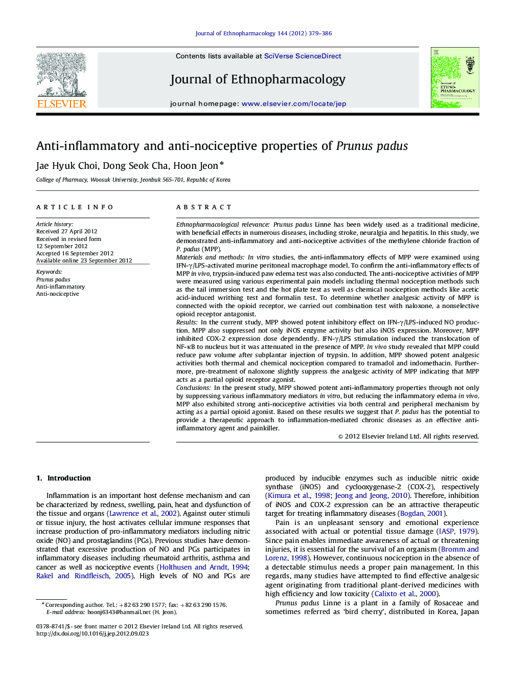 Anti-inflammatory and anti-nociceptive properties of Prunus padus