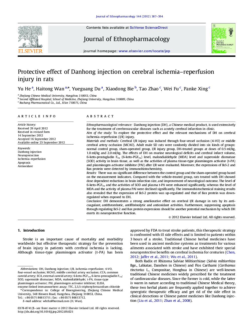 Protective effect of Danhong injection on cerebral ischemia-reperfusion injury in rats