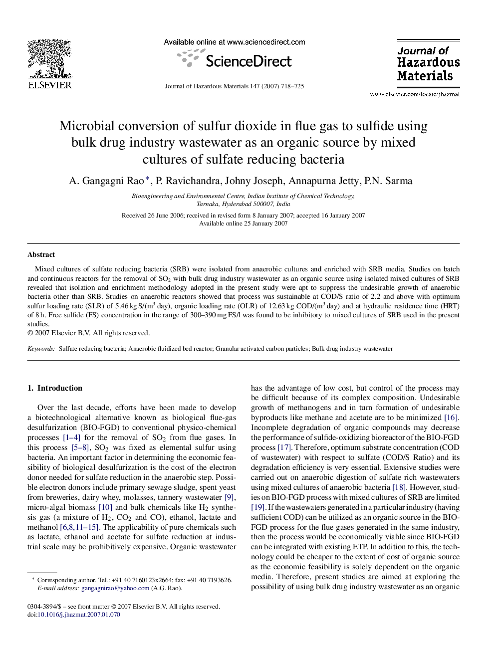 Microbial conversion of sulfur dioxide in flue gas to sulfide using bulk drug industry wastewater as an organic source by mixed cultures of sulfate reducing bacteria