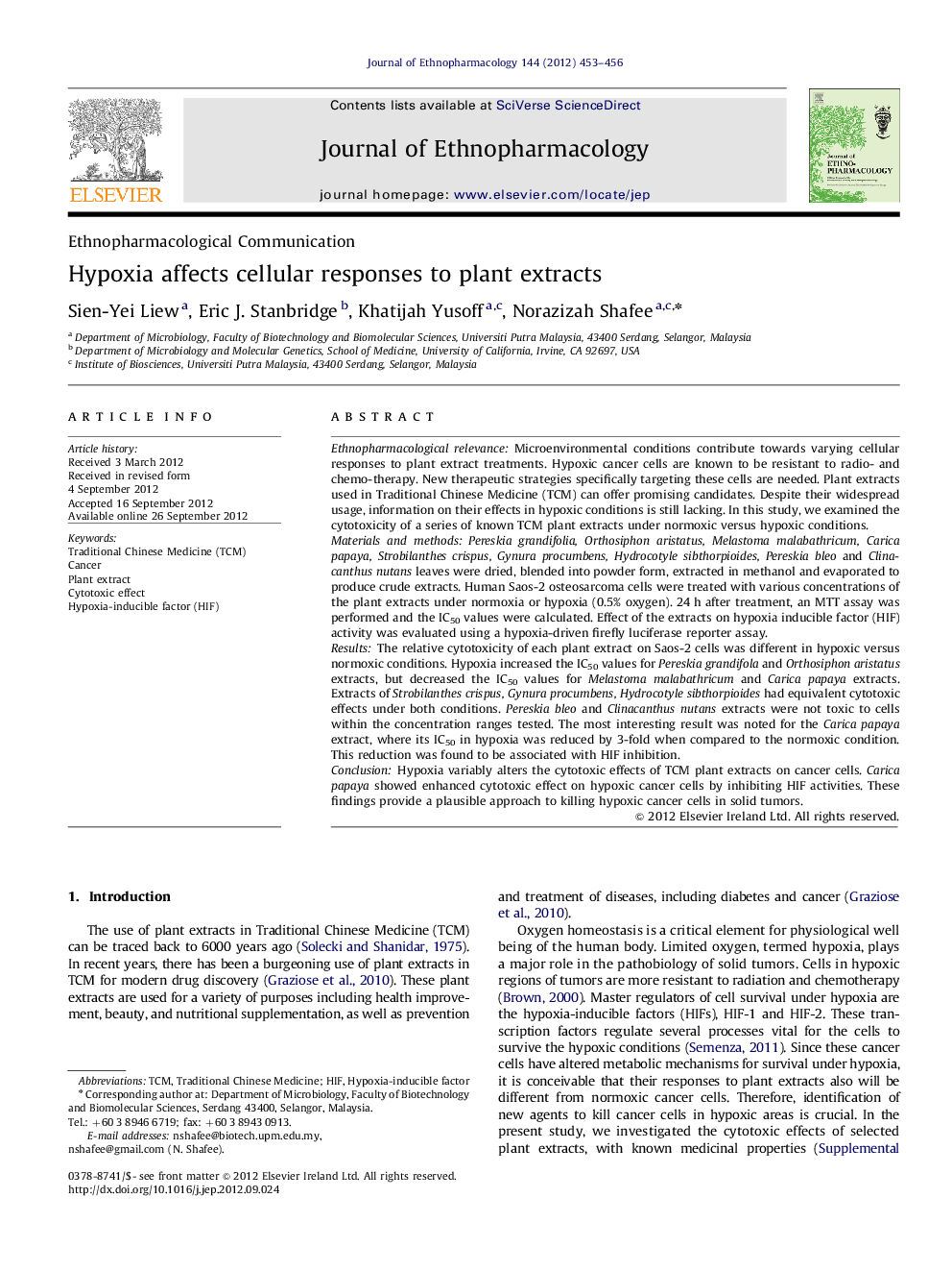 Ethnopharmacological CommunicationHypoxia affects cellular responses to plant extracts