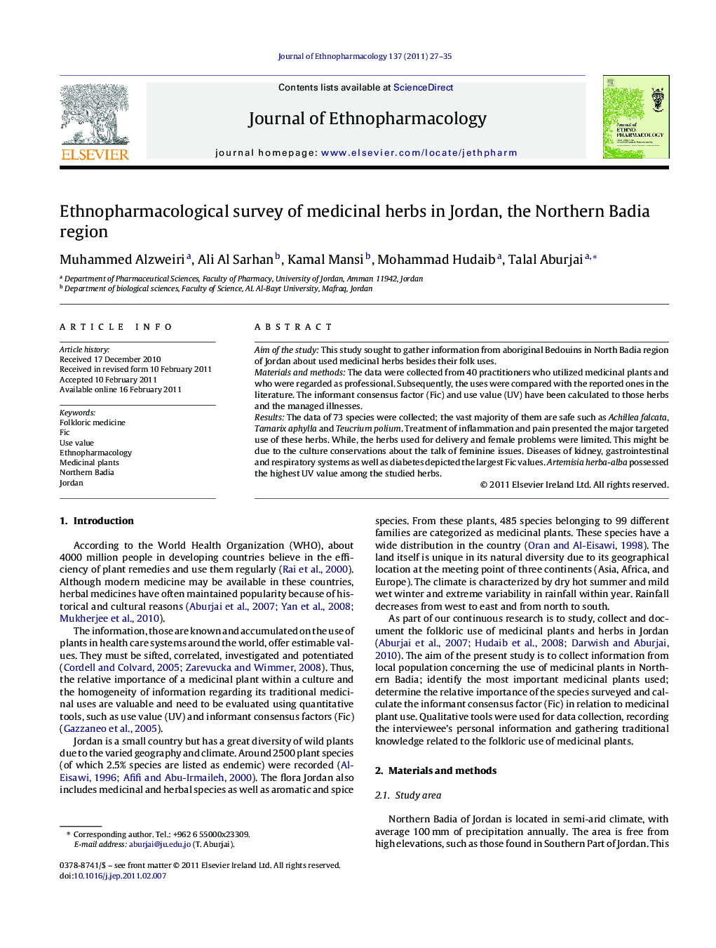 Ethnopharmacological survey of medicinal herbs in Jordan, the Northern Badia region